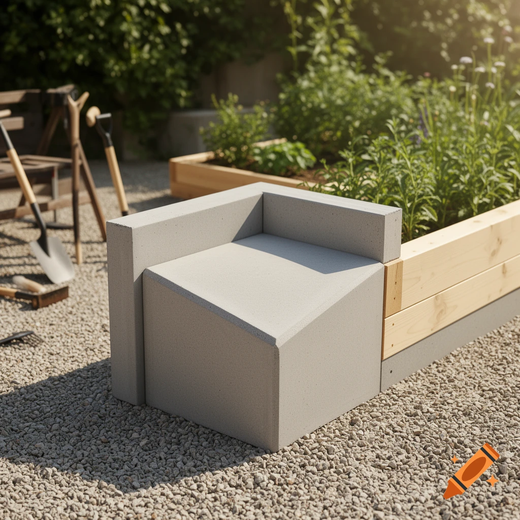 A grey concrete corner block next to a wooden raised garden bed filled with green plants on a gravel patio.