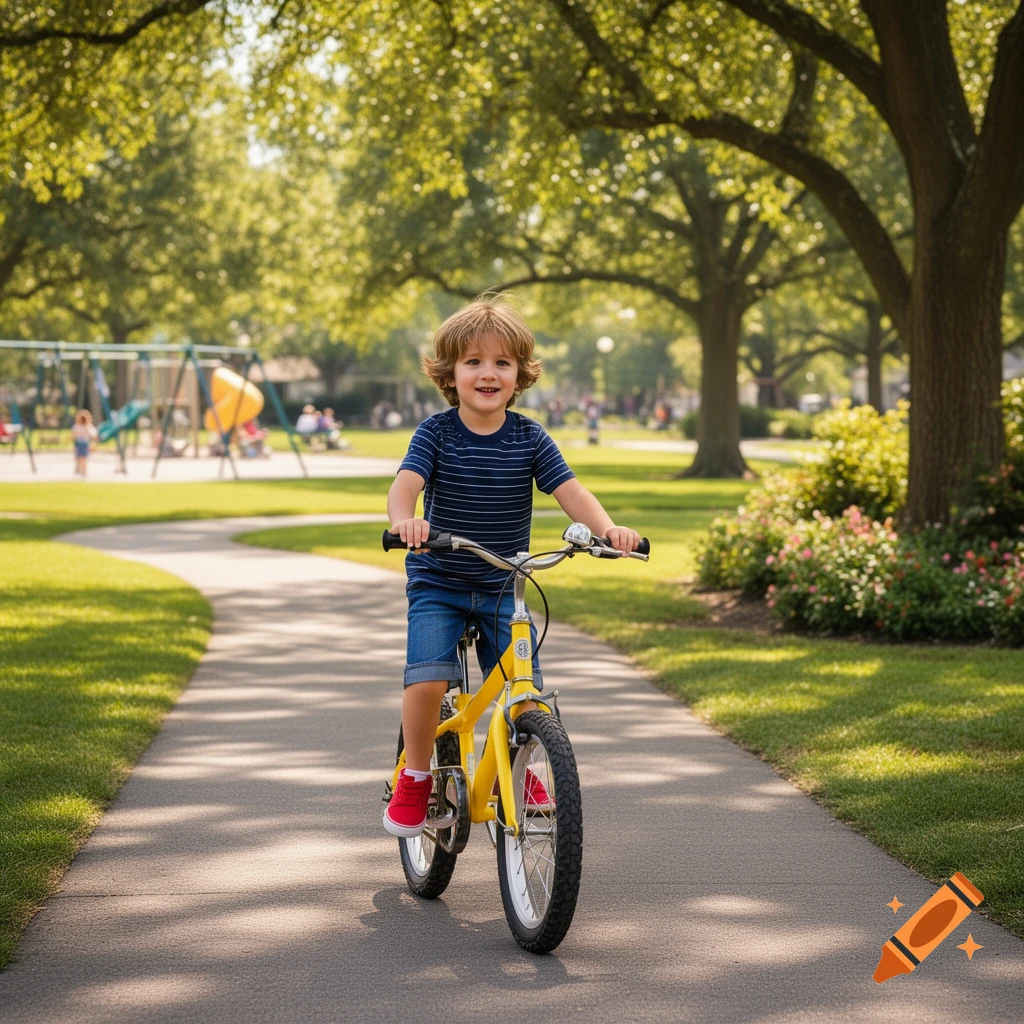 A smiling young boy rides a yellow bicycle on a paved path in a sunny park with trees and a playground.