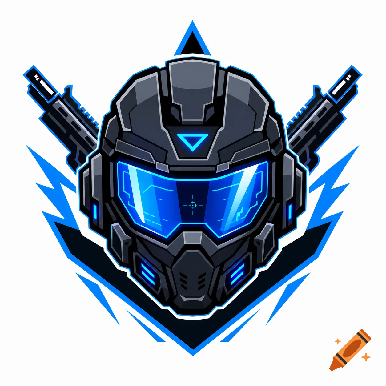 A stylized dark gray futuristic helmet with a glowing blue visor and two rifles crossed behind it, against a blue and black emblem.