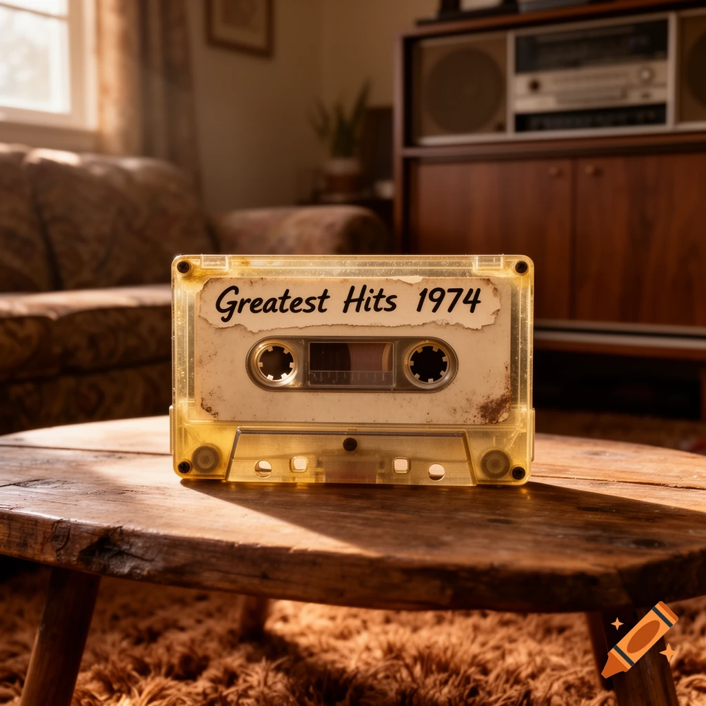 A clear yellow cassette tape labeled 'Greatest Hits 1974' on a wooden table in a vintage living room, illuminated by warm light.