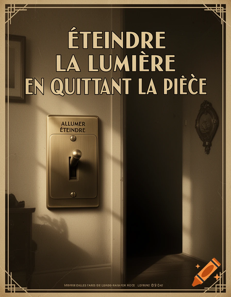 Vintage-style prevention poster with large French text on a wall next to an old-fashioned light switch, saying "ÉTEINDRE LA LUMIÈRE EN QUITTANT LA PIÈCE" and "ALLUMER ÉTEINDRE" on the switch.