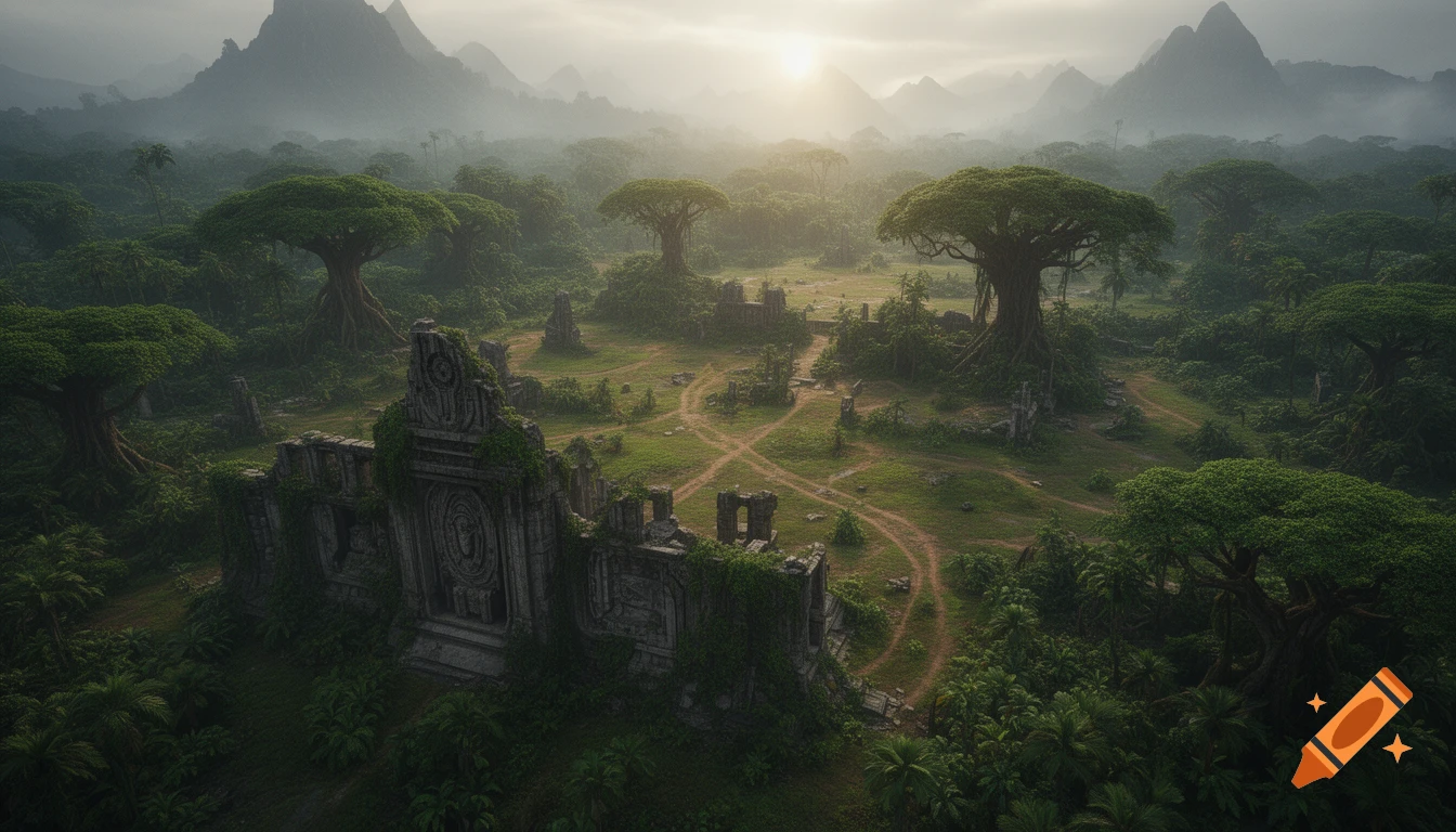 A high-angle view of ancient stone ruins overgrown with lush greenery in a misty jungle landscape with massive trees and mountains under a bright sun.