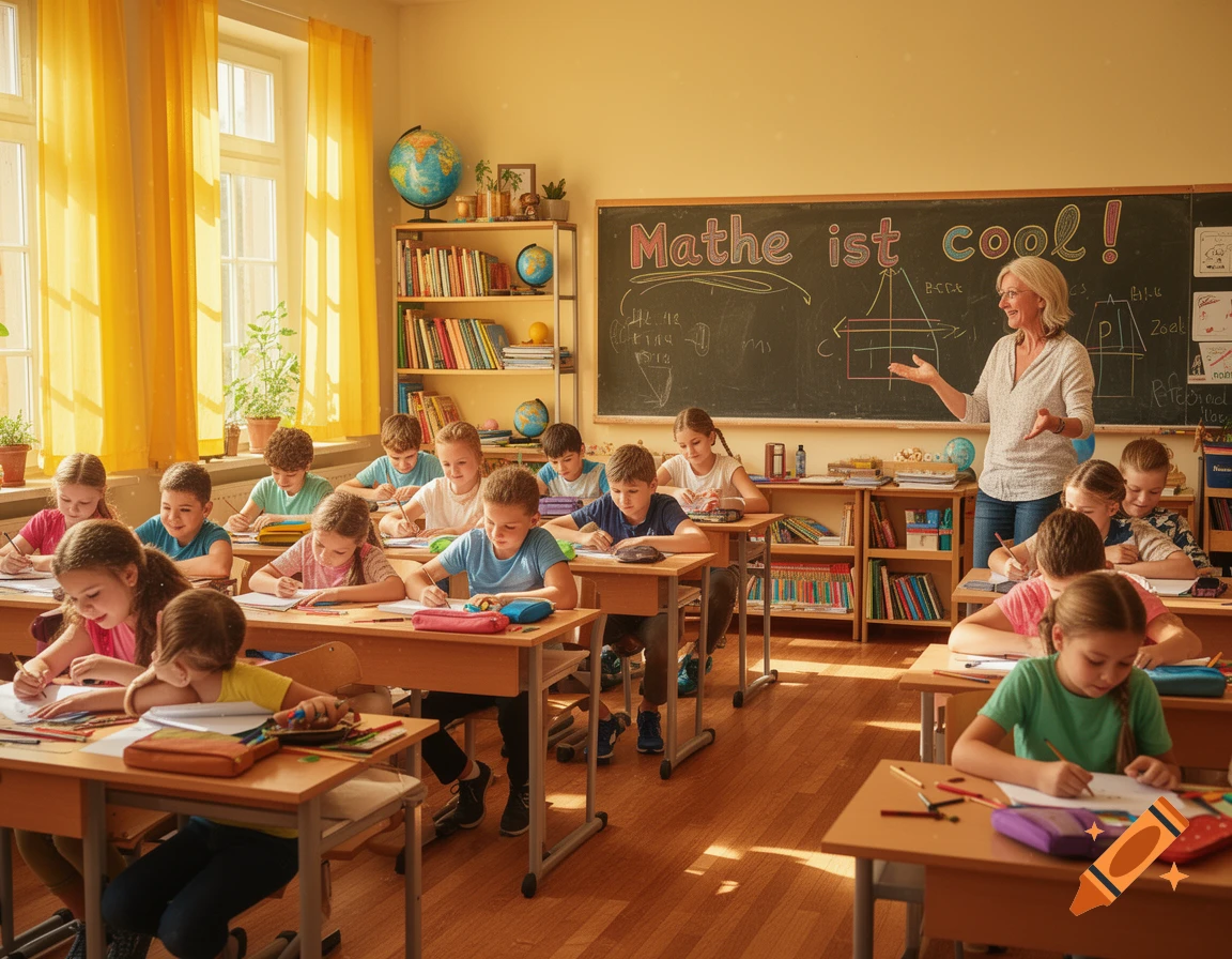 A bright classroom with many children sitting at desks, writing. A female teacher stands at a blackboard with 'Mathe ist cool!' written on it.