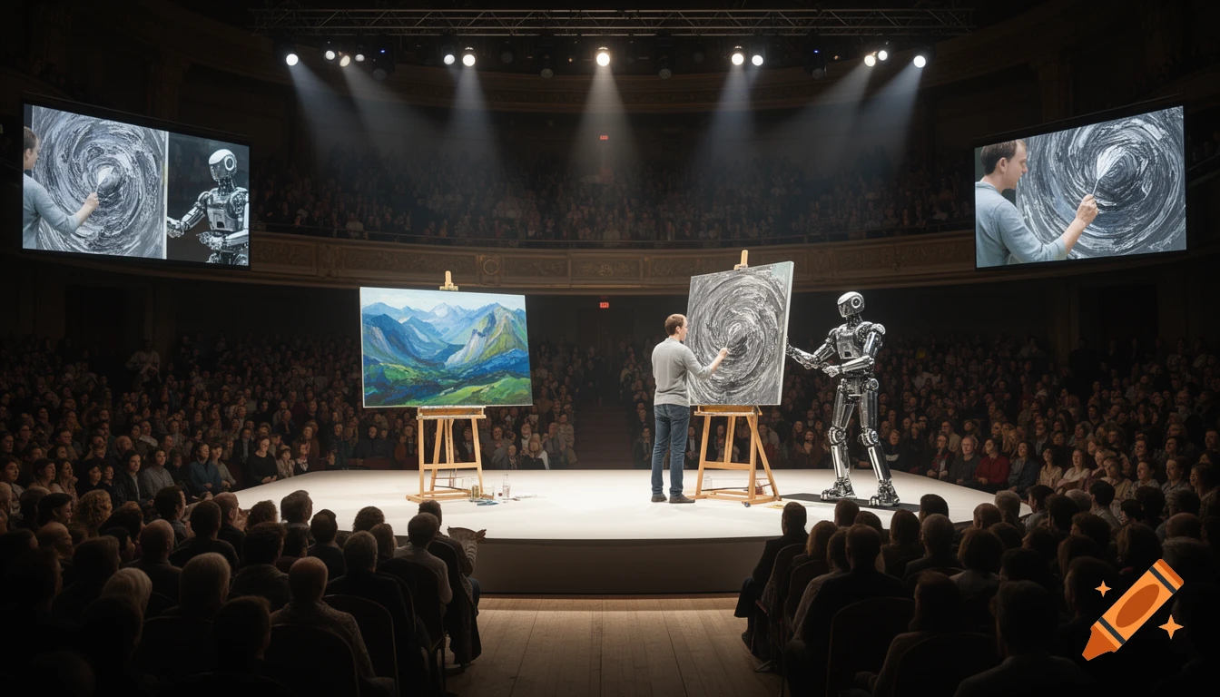 A man and a robot compete in an art painting contest on a large stage in front of a theater audience, under spotlights.