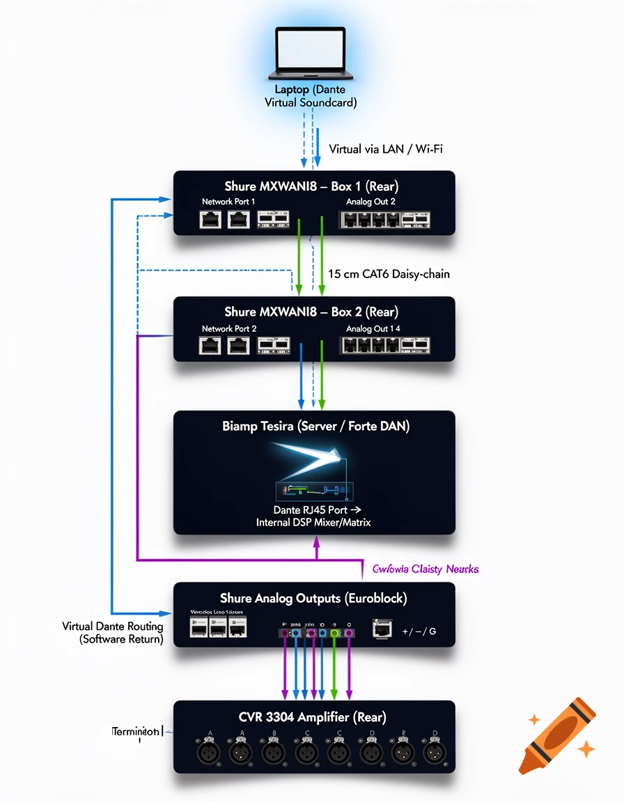 An infographic showing a Dante-based audio signal flow diagram. Devices include a laptop, Shure MXWANI8 boxes, Biamp Tesira, Shure Analog Outputs, and a CVR 3304 Amplifier, connected with blue, green, and purple lines.