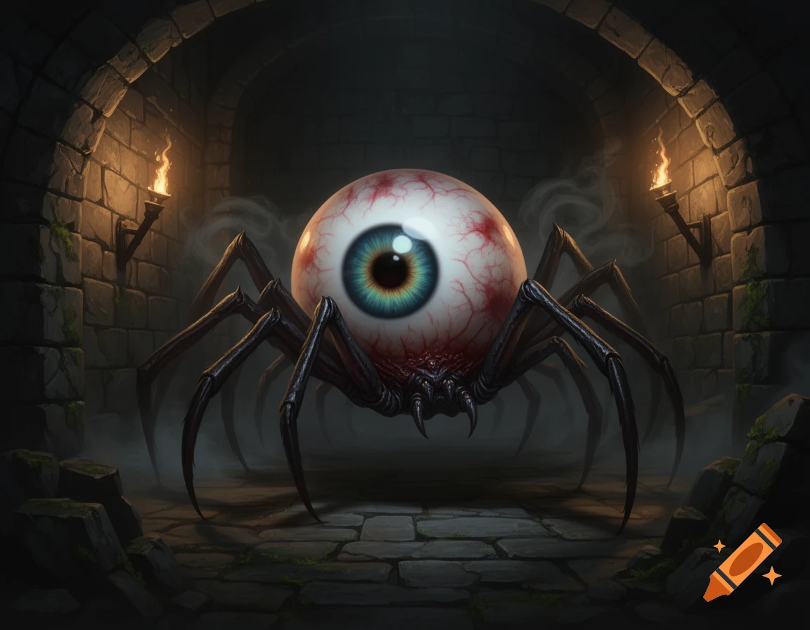 A giant bloodshot eyeball with menacing spider legs lurks in a shadowy, torch-lit dungeon, depicted in dark fantasy concept art.
