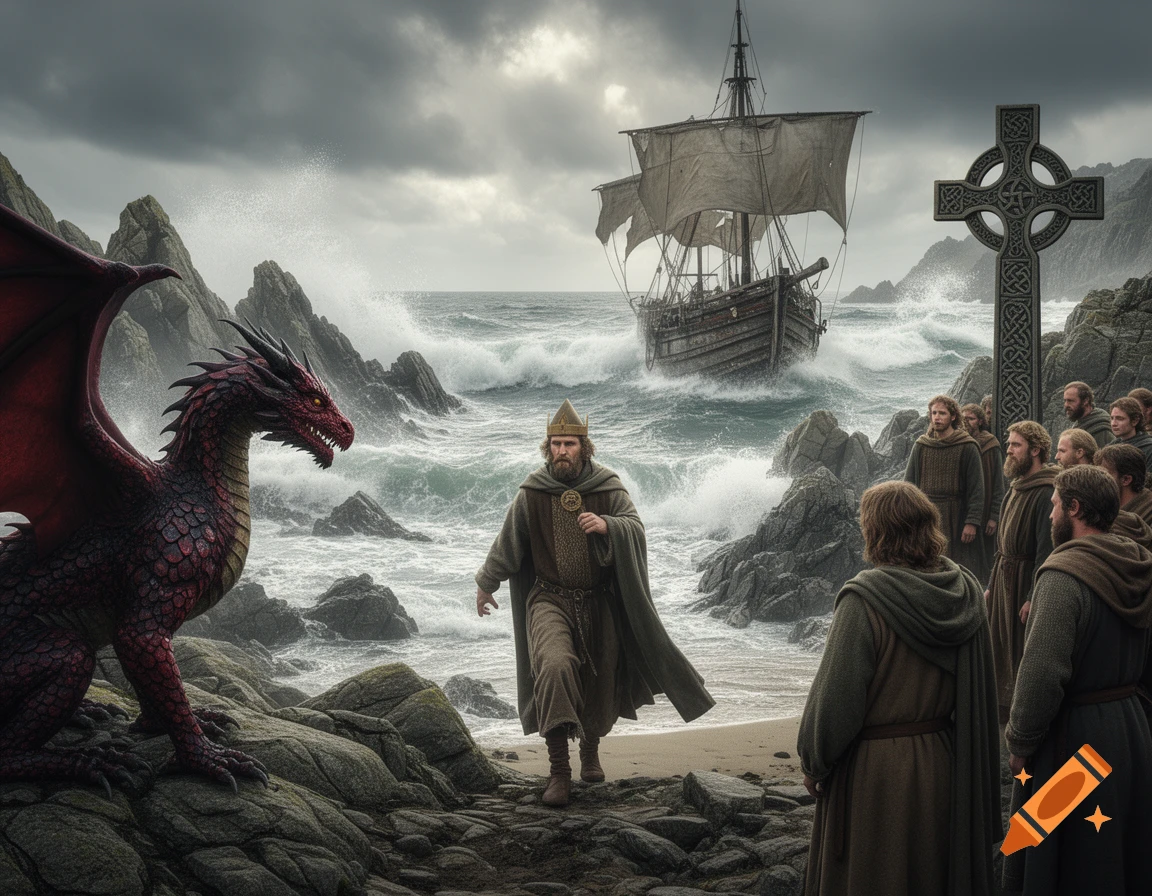 A bishop in medieval attire stands on a rocky, stormy coast with a red dragon, a ship, a Celtic cross, and a group of onlookers.