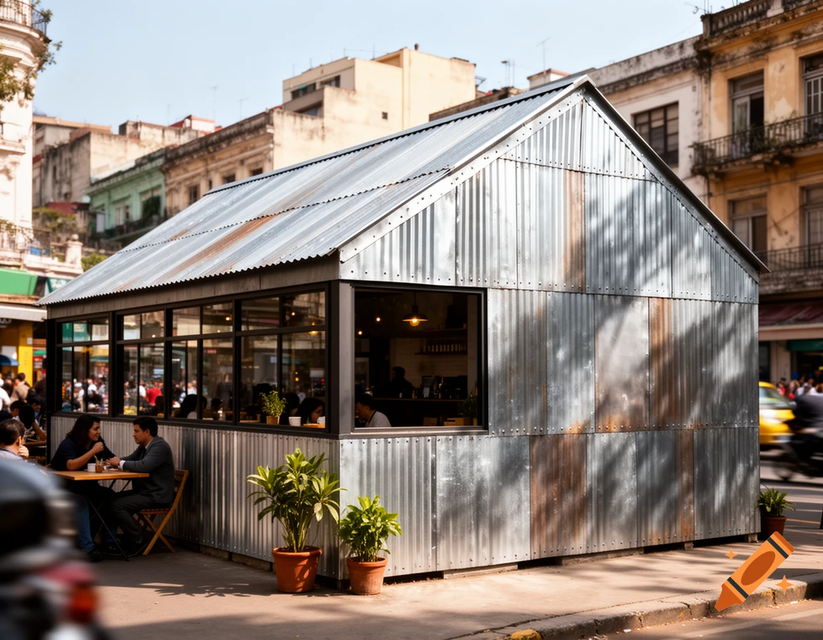 A photorealistic image of a corrugated metal restaurant with large windows on a sunny urban street, with people dining outside and historic buildings in the background.