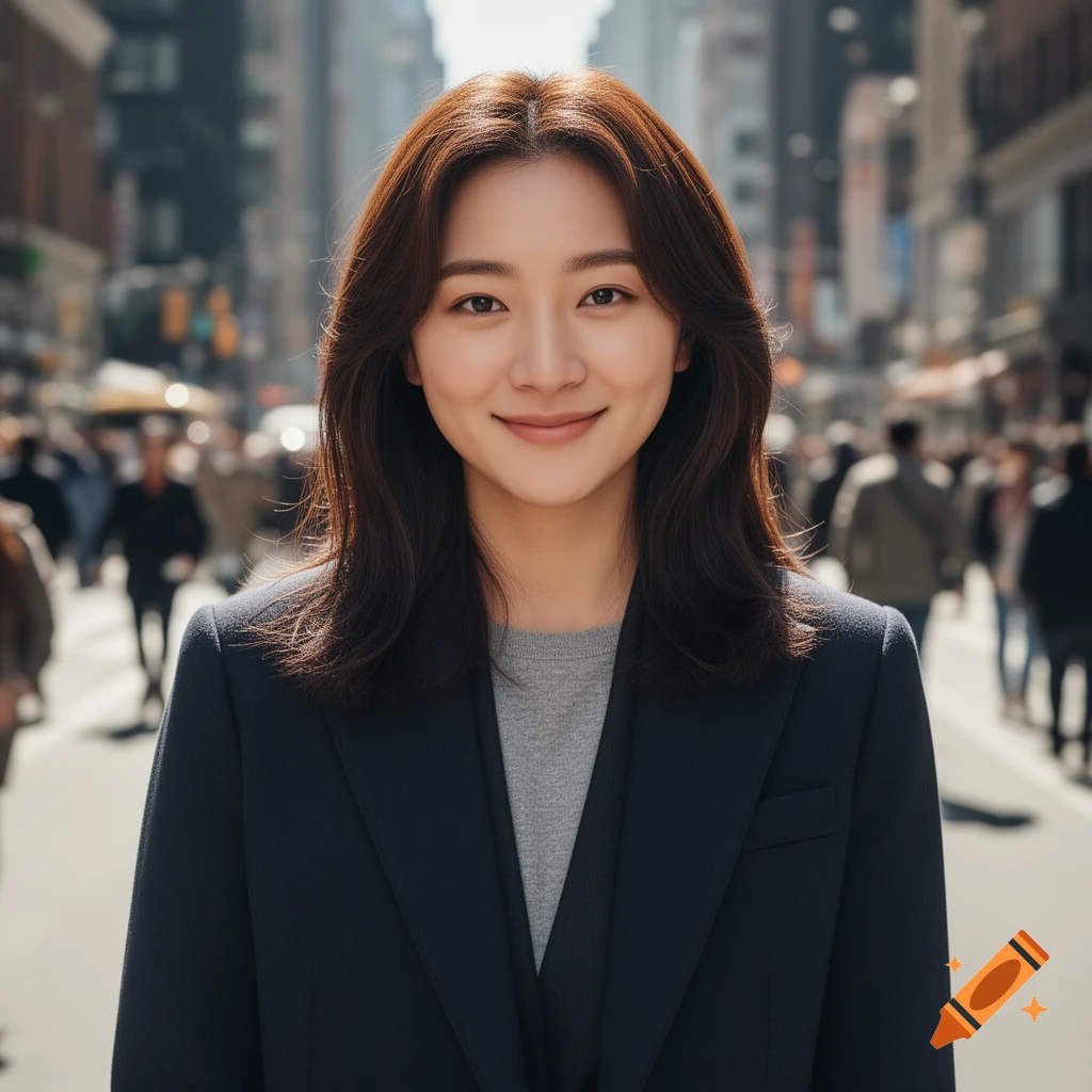A photorealistic portrait of a smiling young woman with long brown hair, wearing a dark blue blazer and grey top, standing on a busy city street.