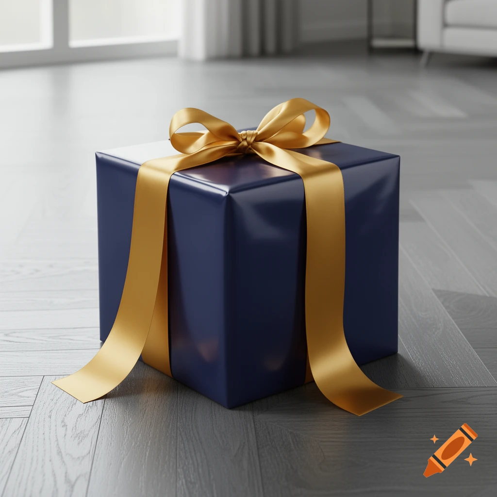 A dark blue gift box with a shiny gold ribbon tied in a bow, resting on a gray wooden floor.