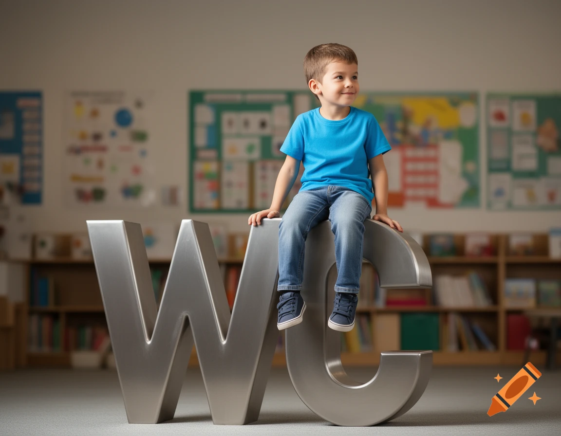 A young boy in a blue shirt and jeans sits smiling on large metallic letters "WC" in a classroom setting.