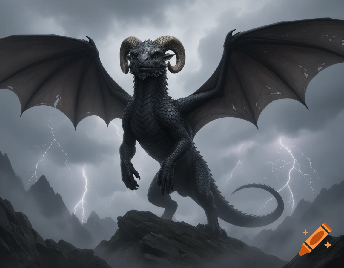 A photorealistic black dragon with ram horns stands on a rocky mountain amidst a stormy sky with lightning.