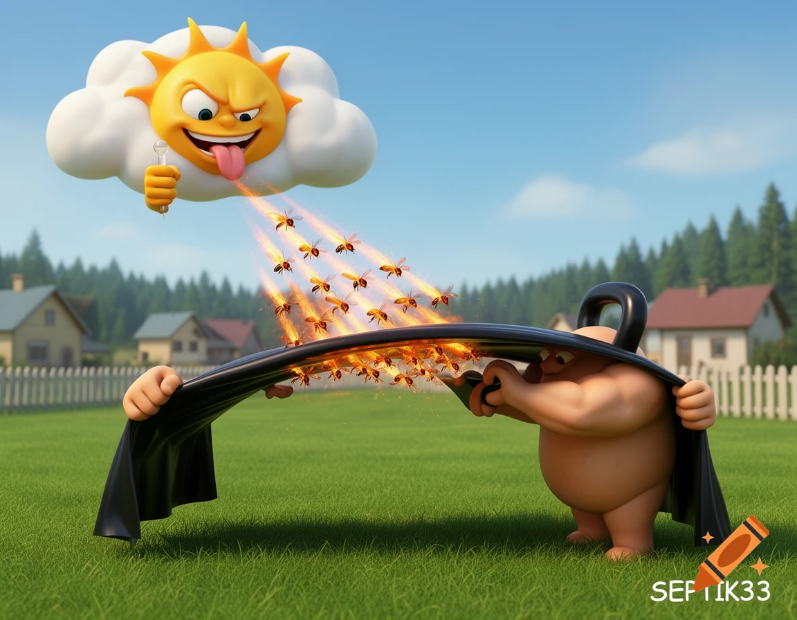 Mischievous 3D cartoon sun-cloud shoots fiery bees at a muscular kettlebell character shielding itself with a black sheet on a grassy lawn.