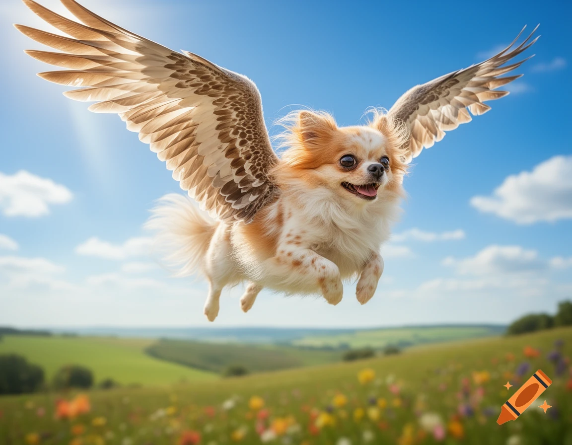 A fluffy chihuahua dog with feathery wings flies through a sunny blue sky above a vibrant green field with colorful flowers.