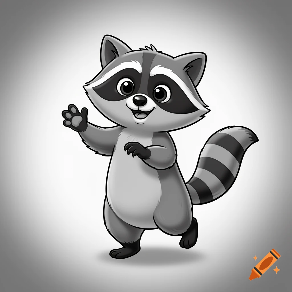 A cute black and white cartoon raccoon stands smiling and waving its paw.