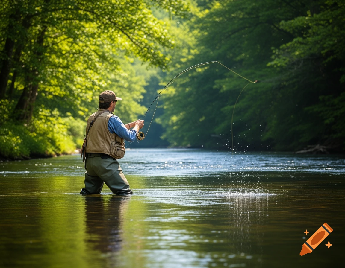 A man in waders and a fishing vest fly fishes in a sunlit river surrounded by green trees, casting his line.