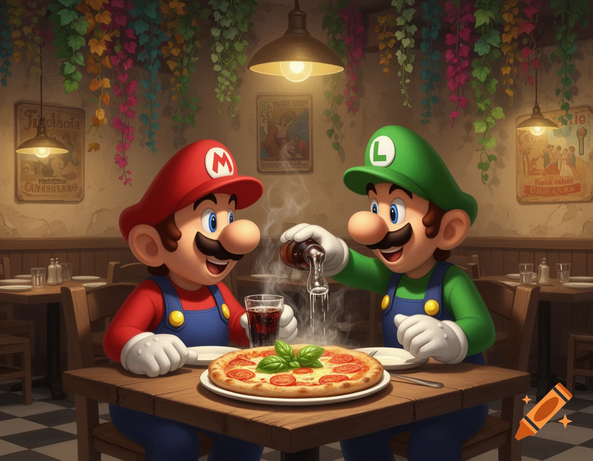Mario and Luigi sit at a restaurant table with a pizza, and Luigi pours a liquid onto the pizza.