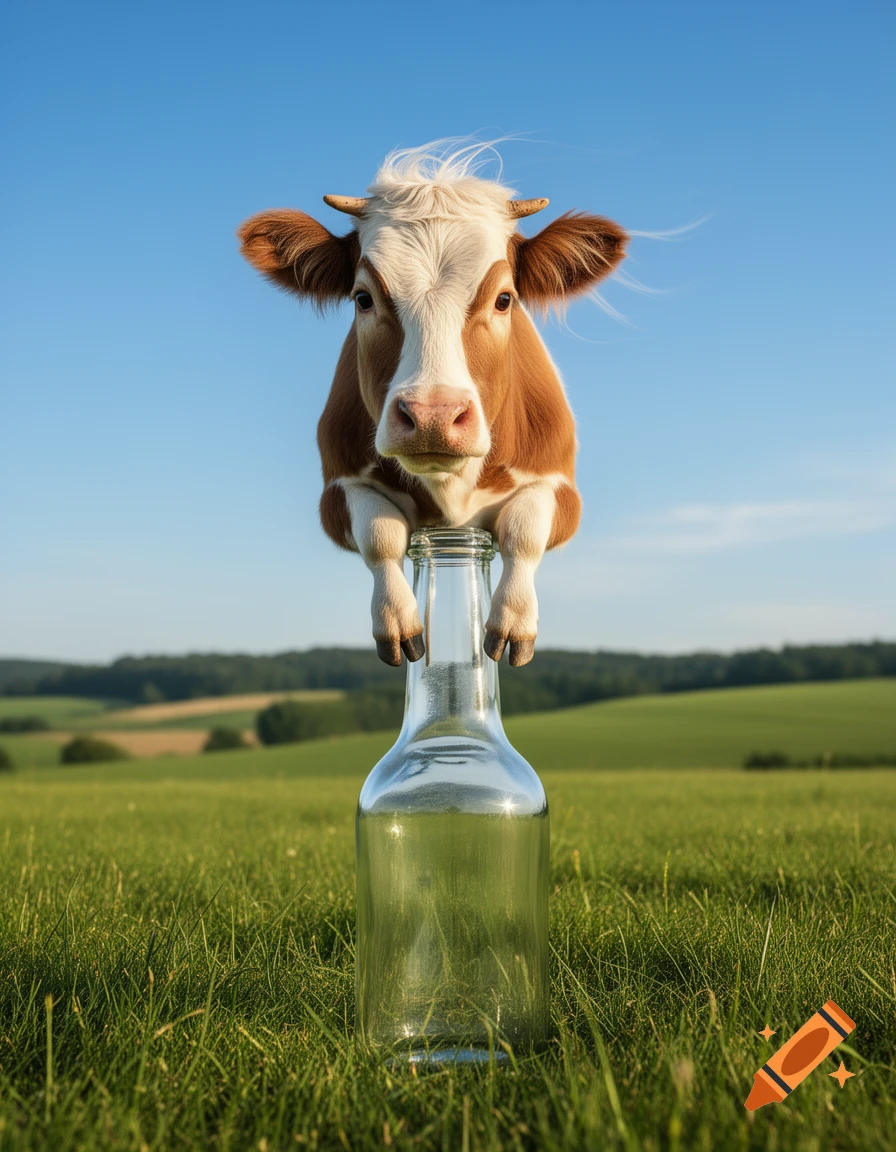 A brown and white cow balancing on a glass bottle in a green field under a clear blue sky, photorealistic.