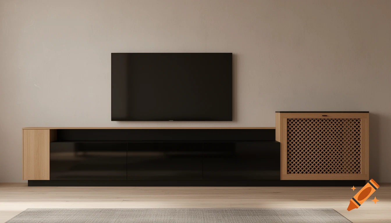 A modern living room with a long black and light wood TV stand, a wall-mounted TV, and a matching wooden radiator cover.