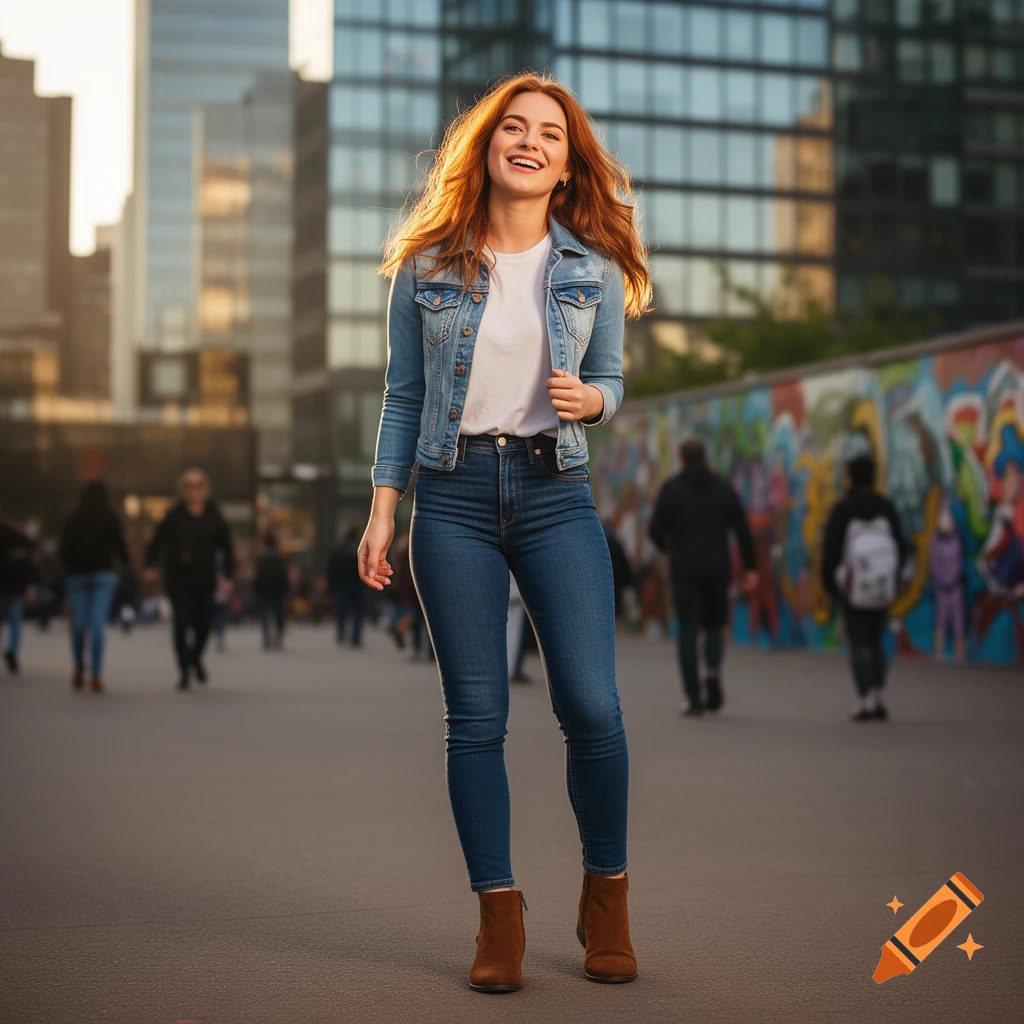 A smiling young woman with red hair in a denim jacket and jeans stands on a city street with blurred buildings and graffiti.