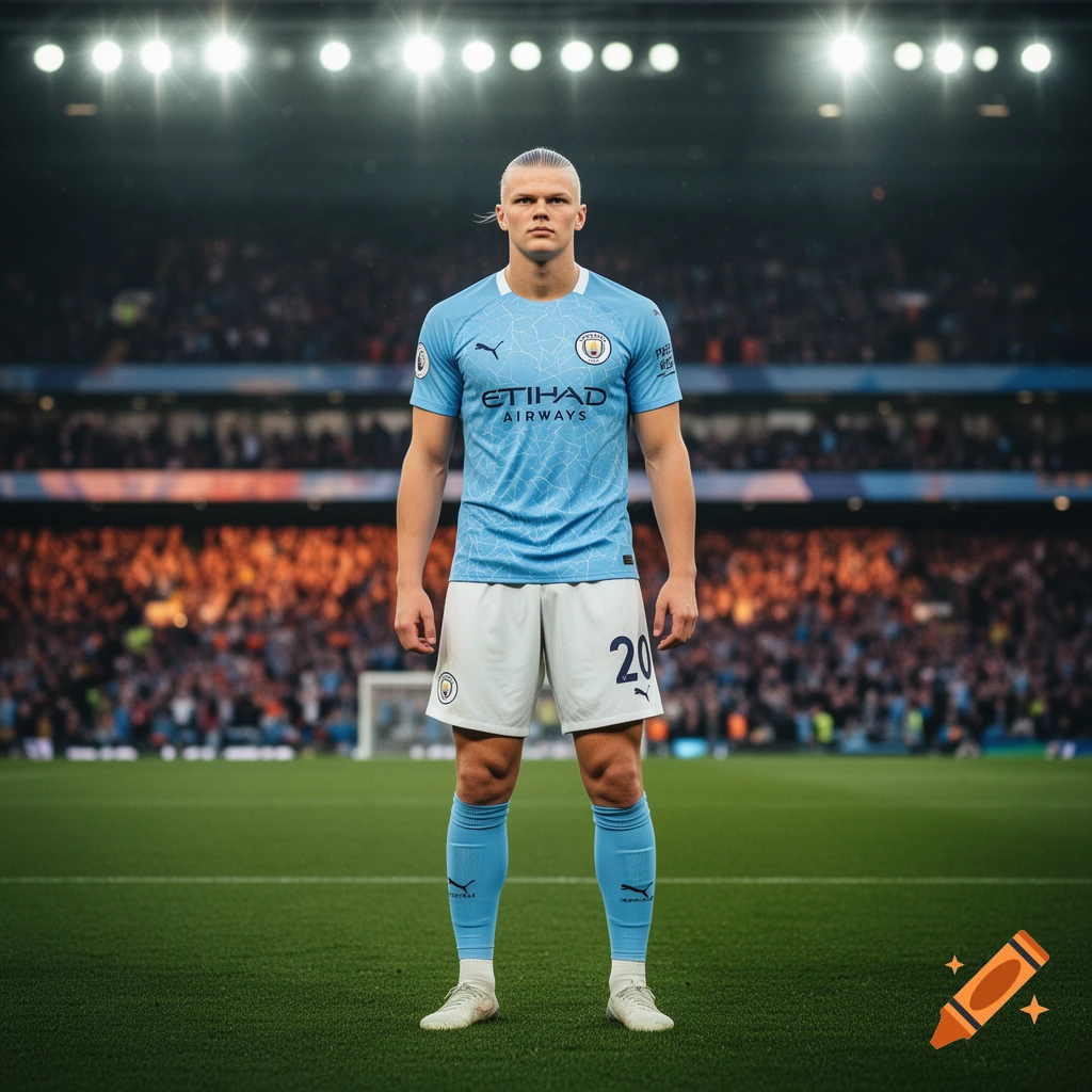 A photorealistic image of soccer player Erling Haaland in a light blue Manchester City uniform, standing on a green field in a stadium.