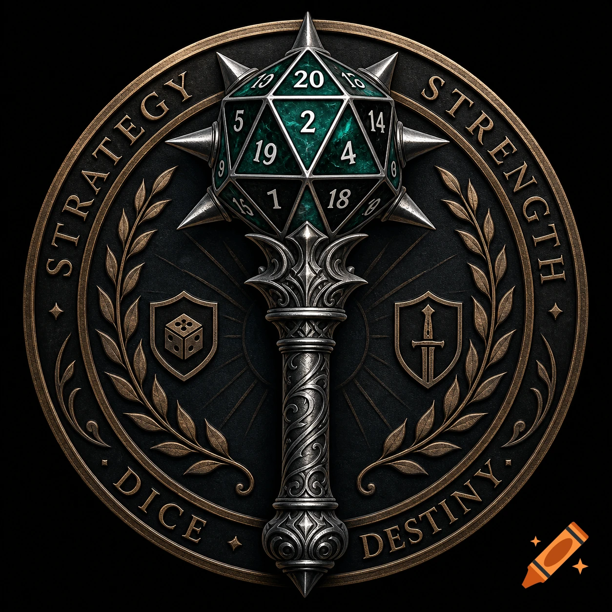An ornate metallic logo featuring a silver mace with a green d20 as its head, encircled by the text 'STRATEGY STRENGTH DICE DESTINY'.