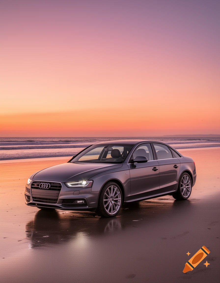 A grey Audi A4 sedan parked on a wet beach at sunset, with waves in the background and warm sky.