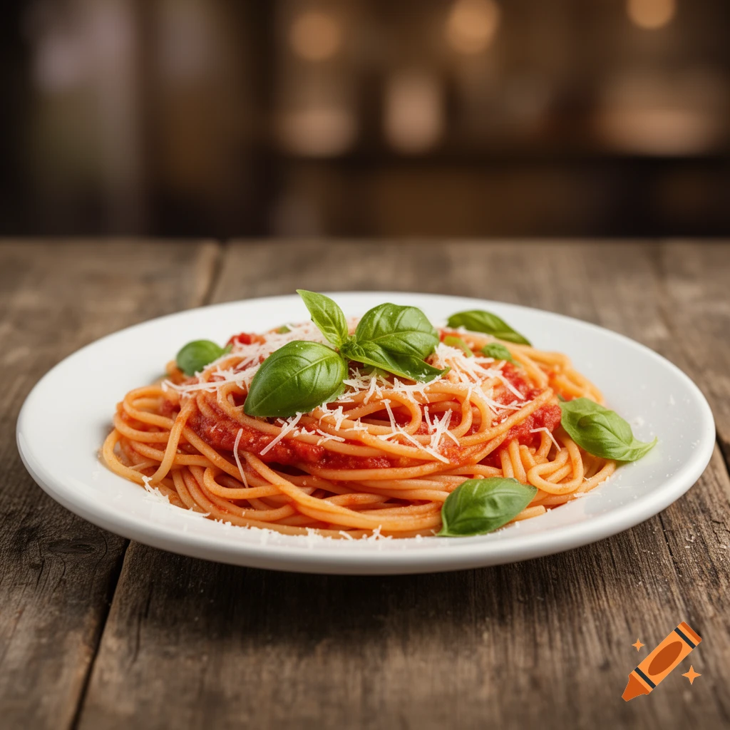 A photorealistic plate of spaghetti with red tomato sauce, fresh green basil leaves, and grated white cheese on a rustic wooden table.