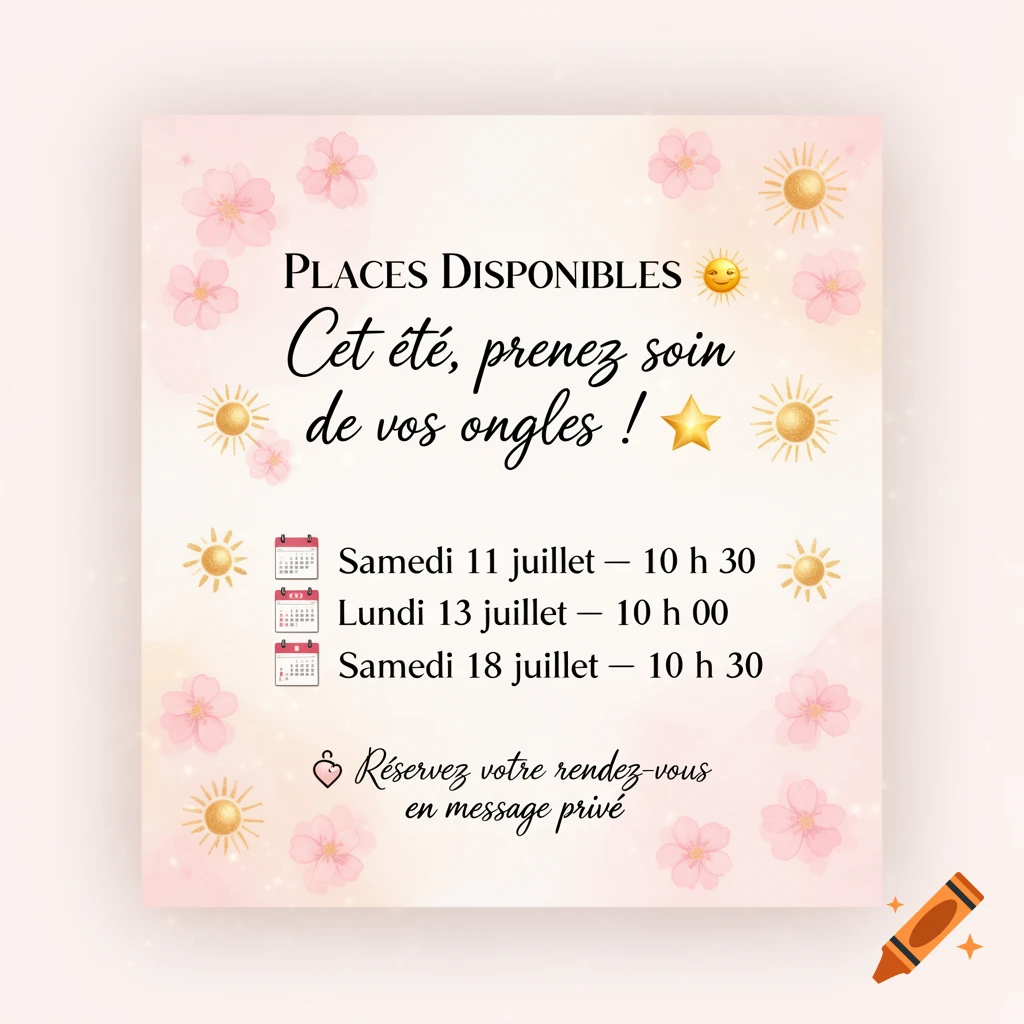 A light pink and orange flyer with cherry blossoms and sun icons, advertising 'PLACES DISPONIBLES' for nail care appointments on specific July dates.