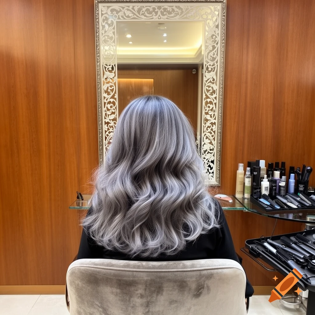 Rear view of a person with long, wavy silver hair with dark highlights, sitting in a salon chair.