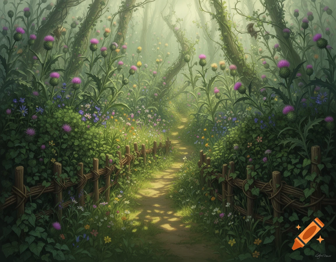 A narrow, sun-dappled dirt path winds through an enchanted forest filled with tall purple thistles, lush green foliage, and a rustic wooden fence.