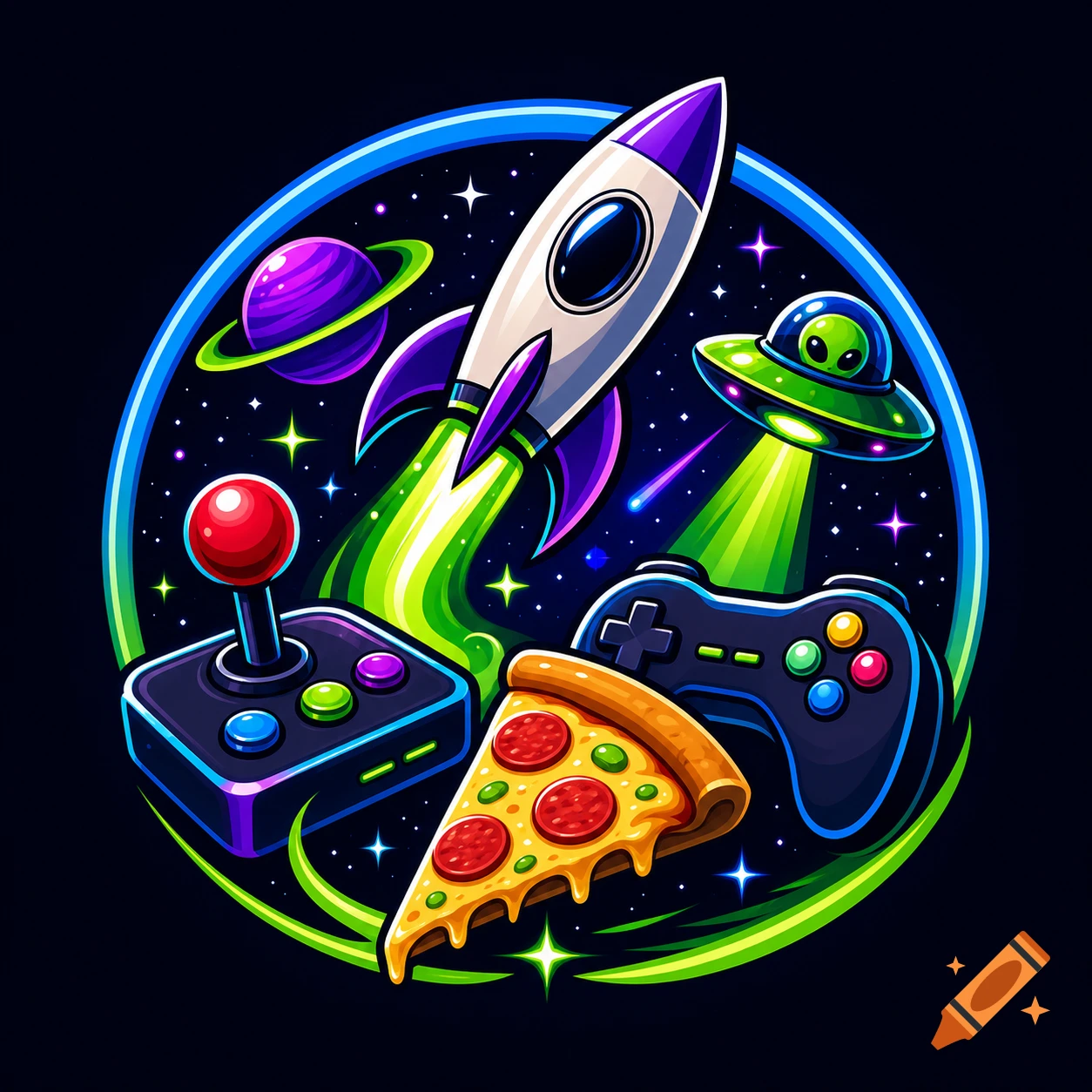 Colorful cartoon logo featuring a rocket, alien UFO, planets, joystick, gamepad, and pizza slice in space.