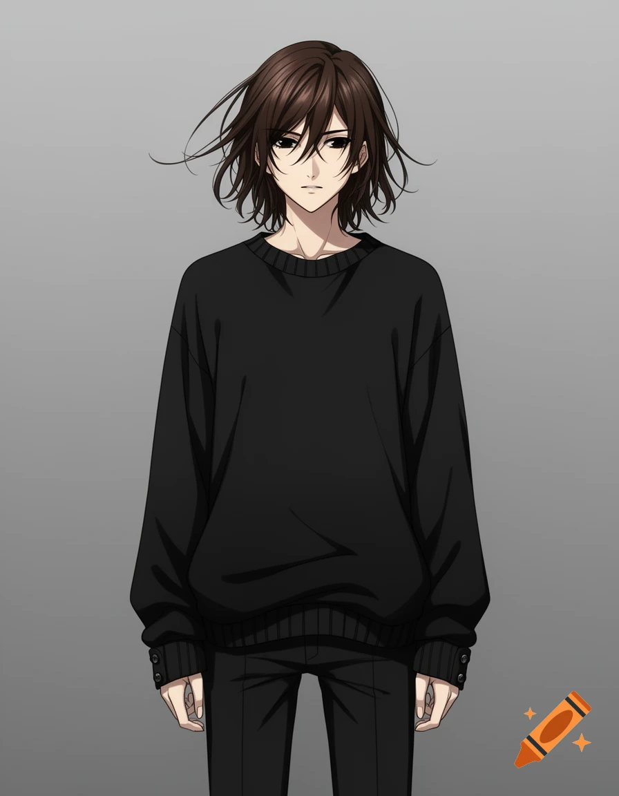 Anime character with dark brown messy hair, black eyes, wearing a black oversized sweater and black pants, on a gray background.