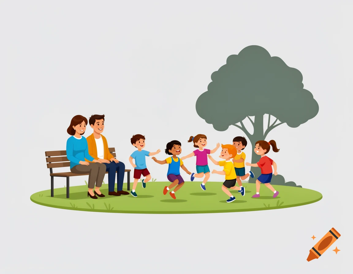 Vector illustration of parents sitting on a bench watching children play in a park.