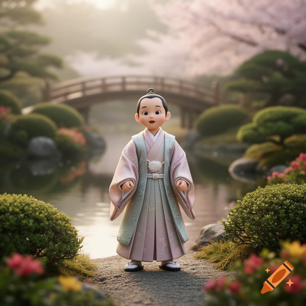 A cute, miniature stylized figure in traditional Japanese robes stands in a serene Japanese garden with a bridge.