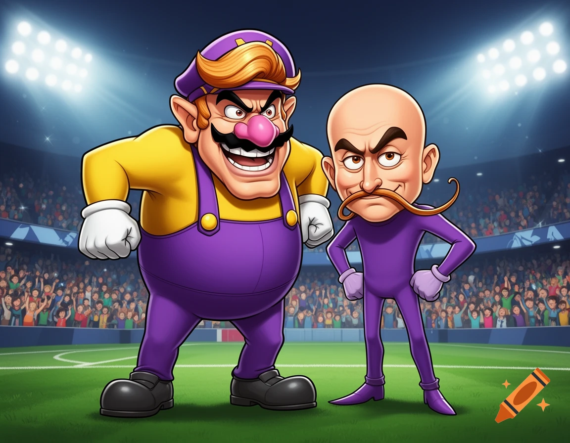 Two cartoon villains, one stout in yellow and purple, the other slim and bald in purple, pose menacingly in a football stadium with a cheering crowd.