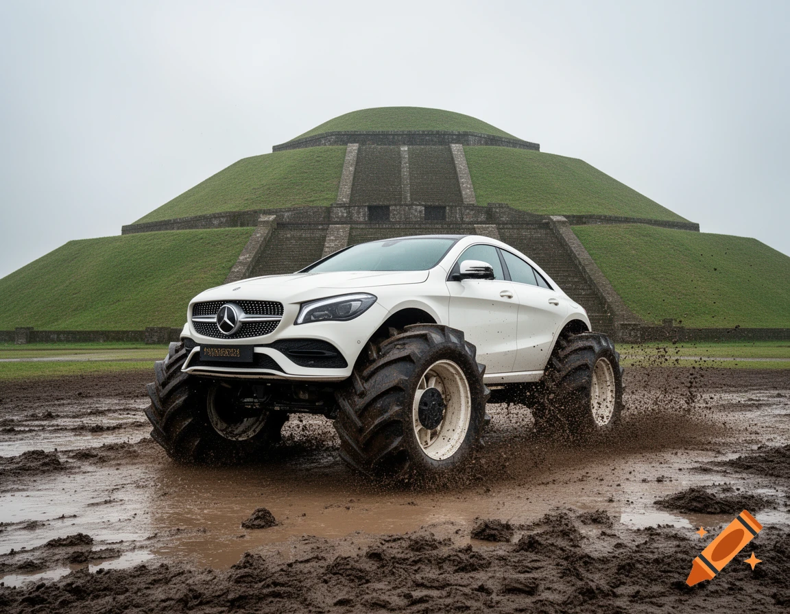 A white Mercedes-Benz car with large tractor wheels drives through a muddy field, splashing dirt. In the background, a large green, stepped pyramid stands under an overcast sky.
