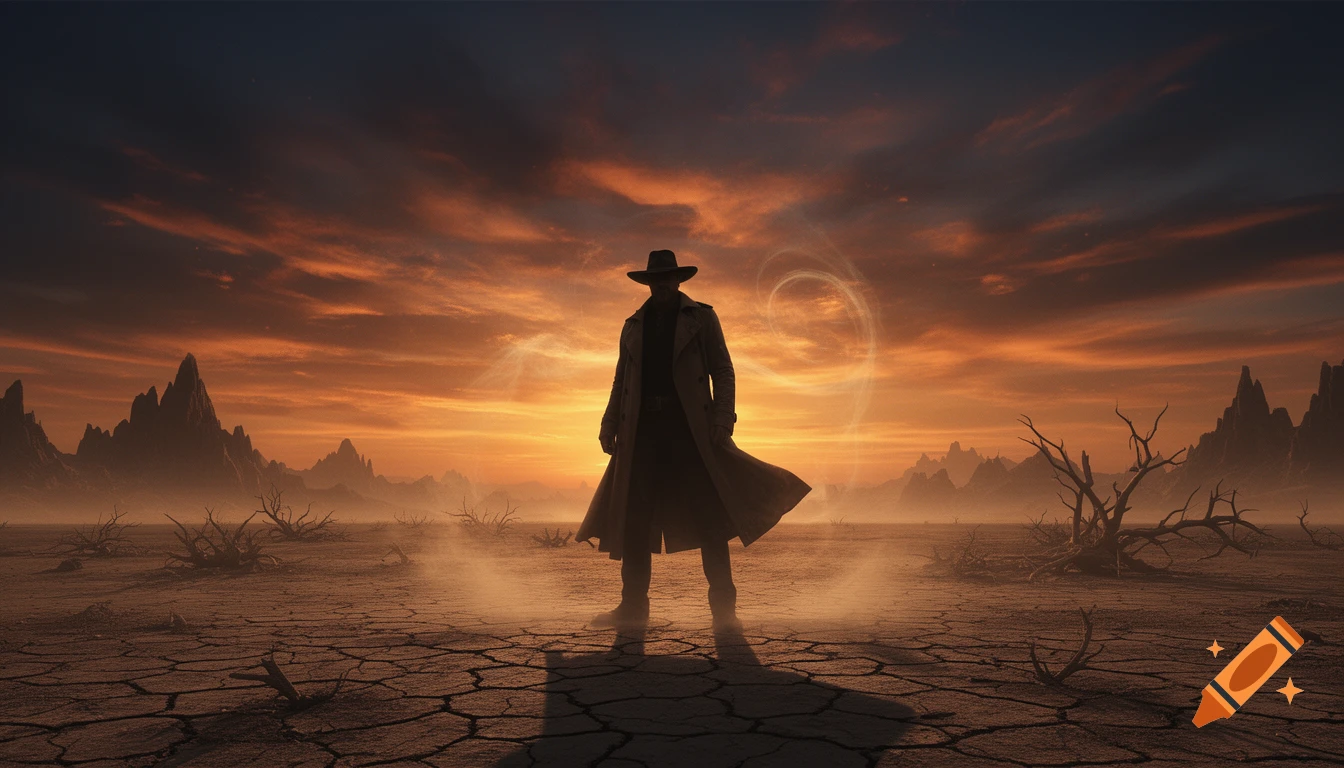 Silhouetted figure in a duster coat and hat stands in a cracked desert landscape against a dramatic orange sunset, with mountains in the distance and a faint ethereal swirl around the figure.