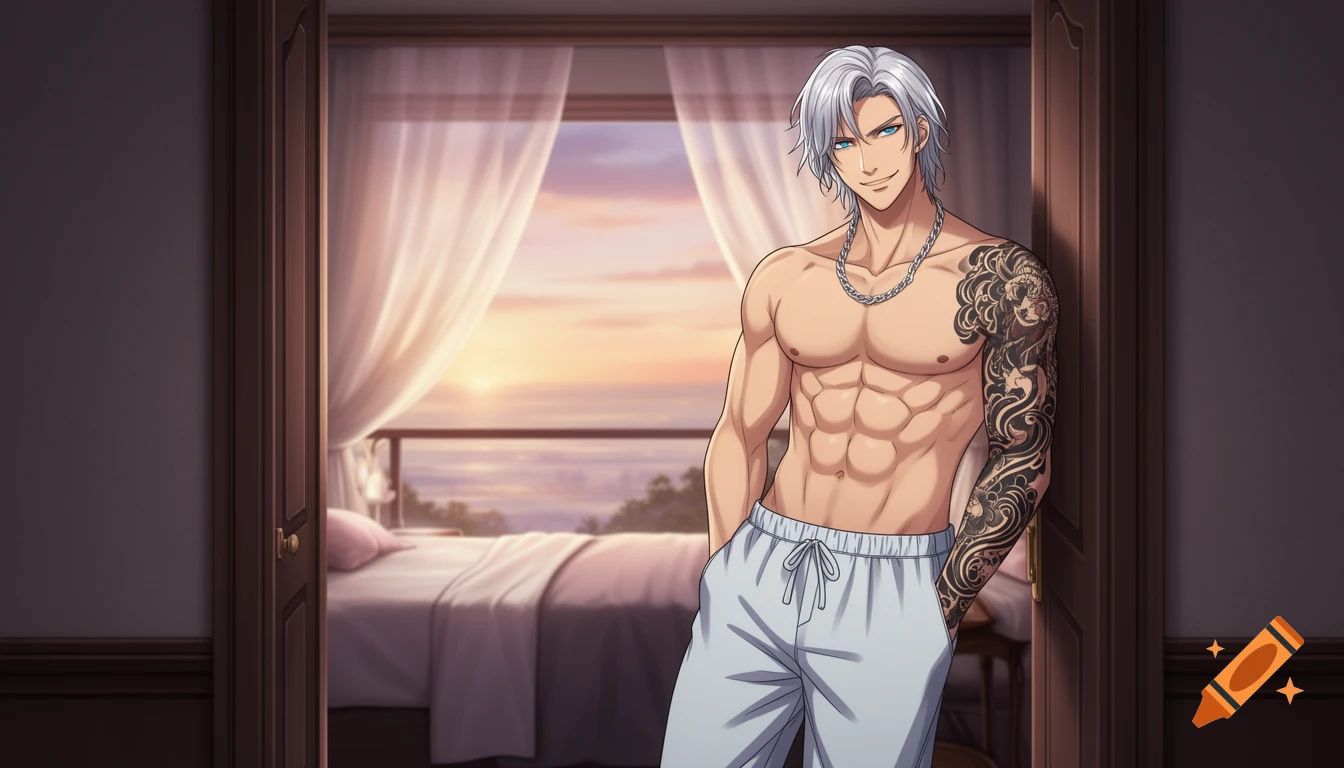 A charming anime man with silver hair, blue eyes, and a tattooed arm, shirtless in a doorway with a sunset bedroom view.