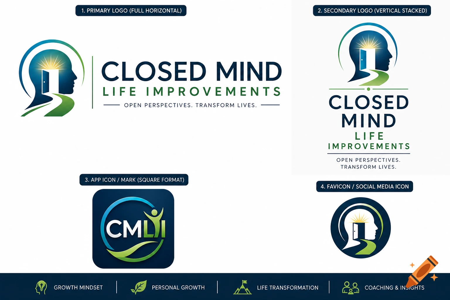 Four logo variations for 'Closed Mind Life Improvements' featuring a profile with an open door, a path, and slogans about personal growth and transformation.