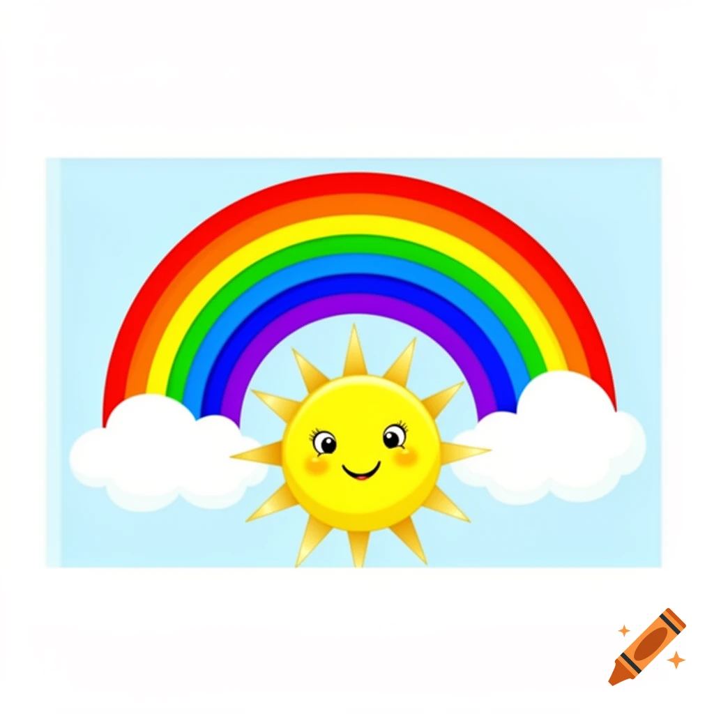 A cheerful cartoon sun with a smiley face under a vibrant rainbow and white clouds against a light blue sky.