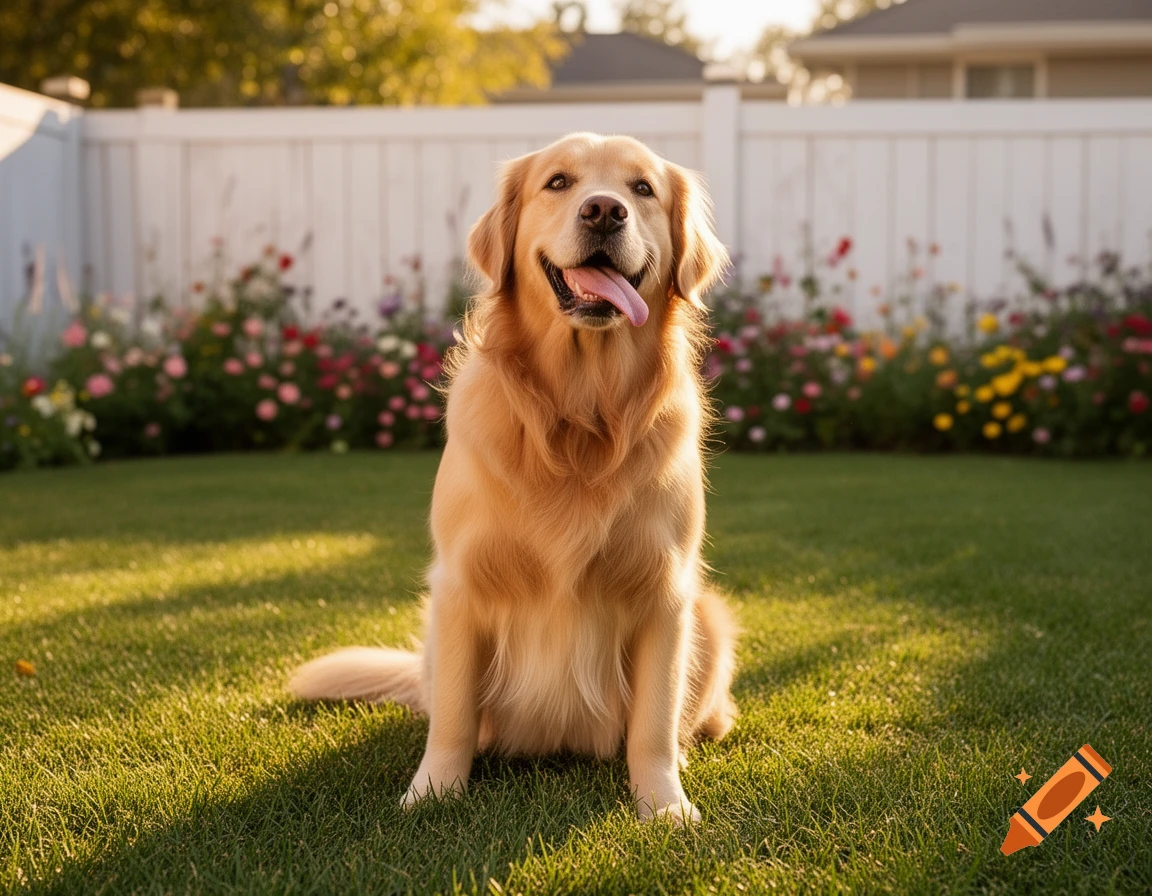 A happy Golden Retriever sits on green grass in a sunny backyard with a white fence and colorful flowers.