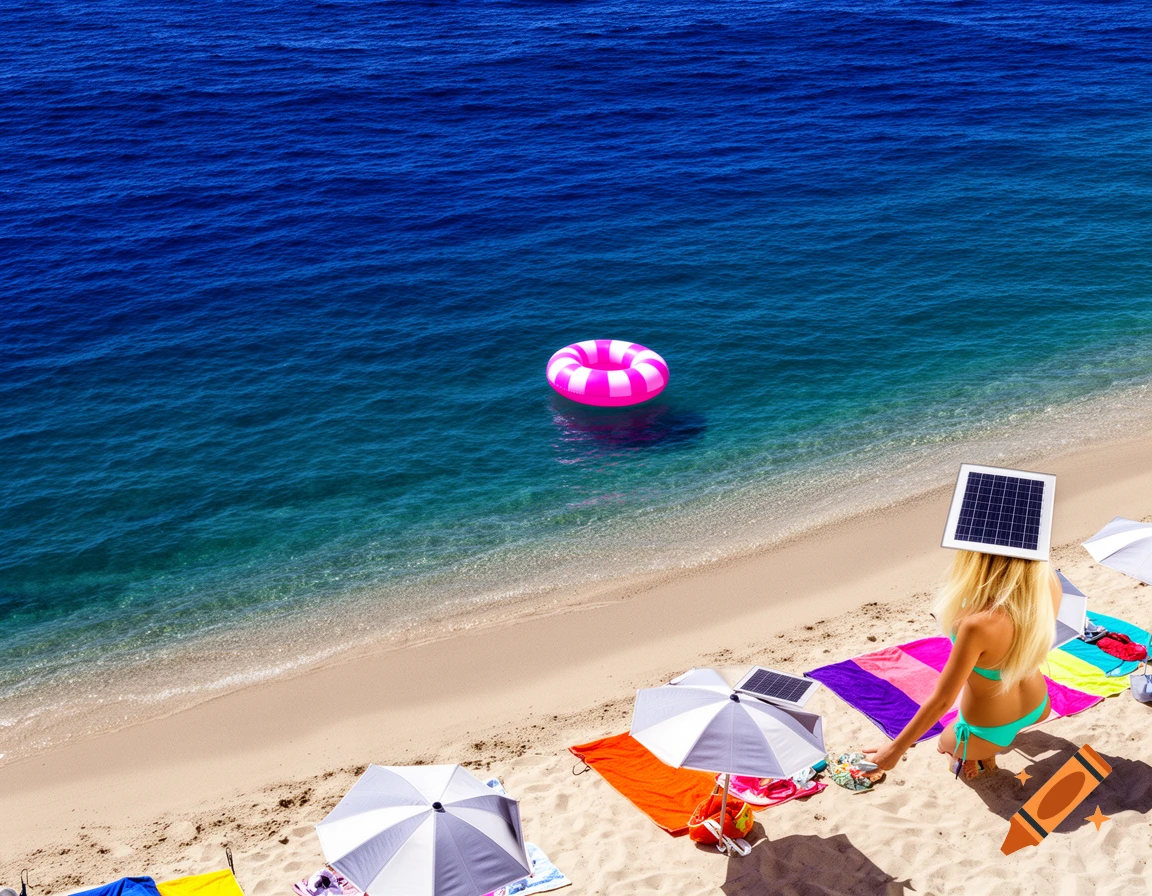 High-angle view of a sunny beach with a person in a turquoise bikini wearing a solar panel hat. A pink and white striped inflatable ring floats in the ocean.