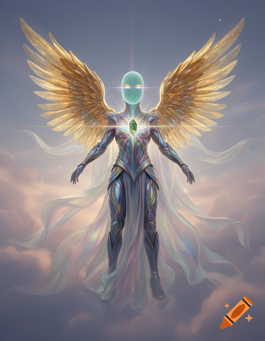 A divine entity with large golden wings, a smooth aqua face with glowing rainbow eyes, a green chest crystal, iridescent armor, and flowing robes, against a cloudy sky.