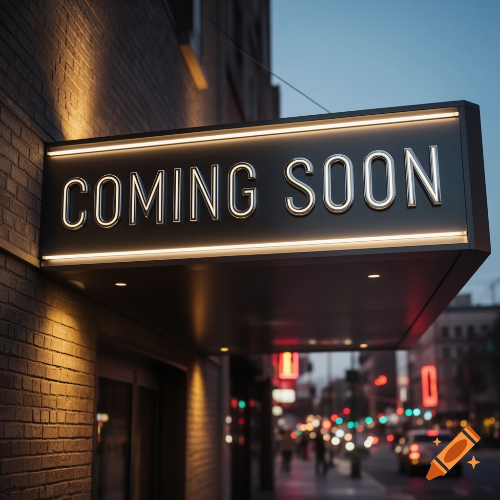 A glowing 'COMING SOON' sign on a brick building at dusk, with blurred city lights and traffic in the background.