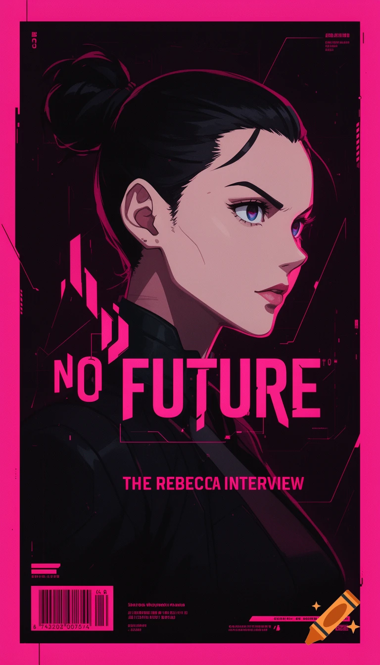 An anime-style magazine cover featuring a profile view of Rebecca from Cyberpunk Edgerunners, with a pink and black color palette, and "NO FUTURE" in large letters.