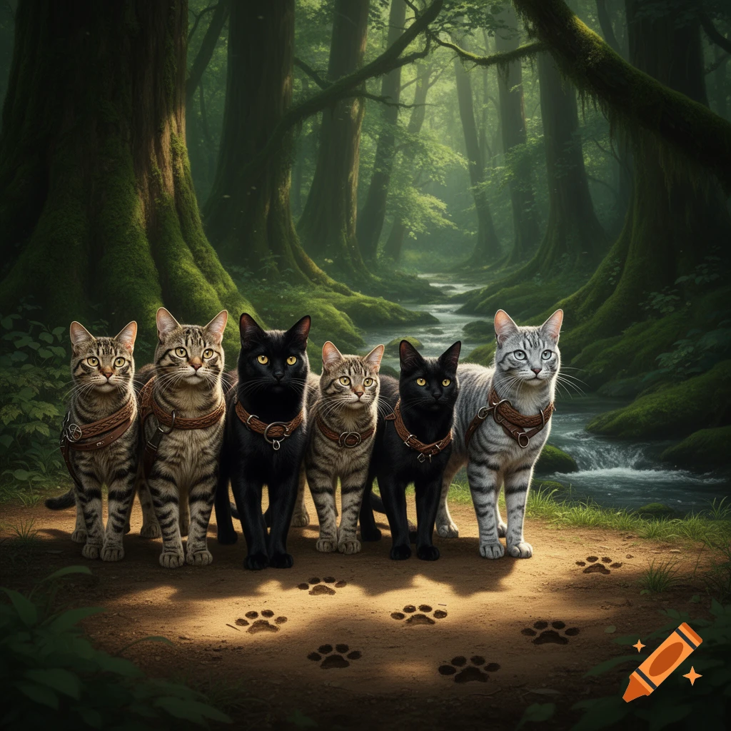 Six diverse cats wearing leather harnesses stand on a dirt path with paw prints in a lush, mossy fantasy forest with a stream.