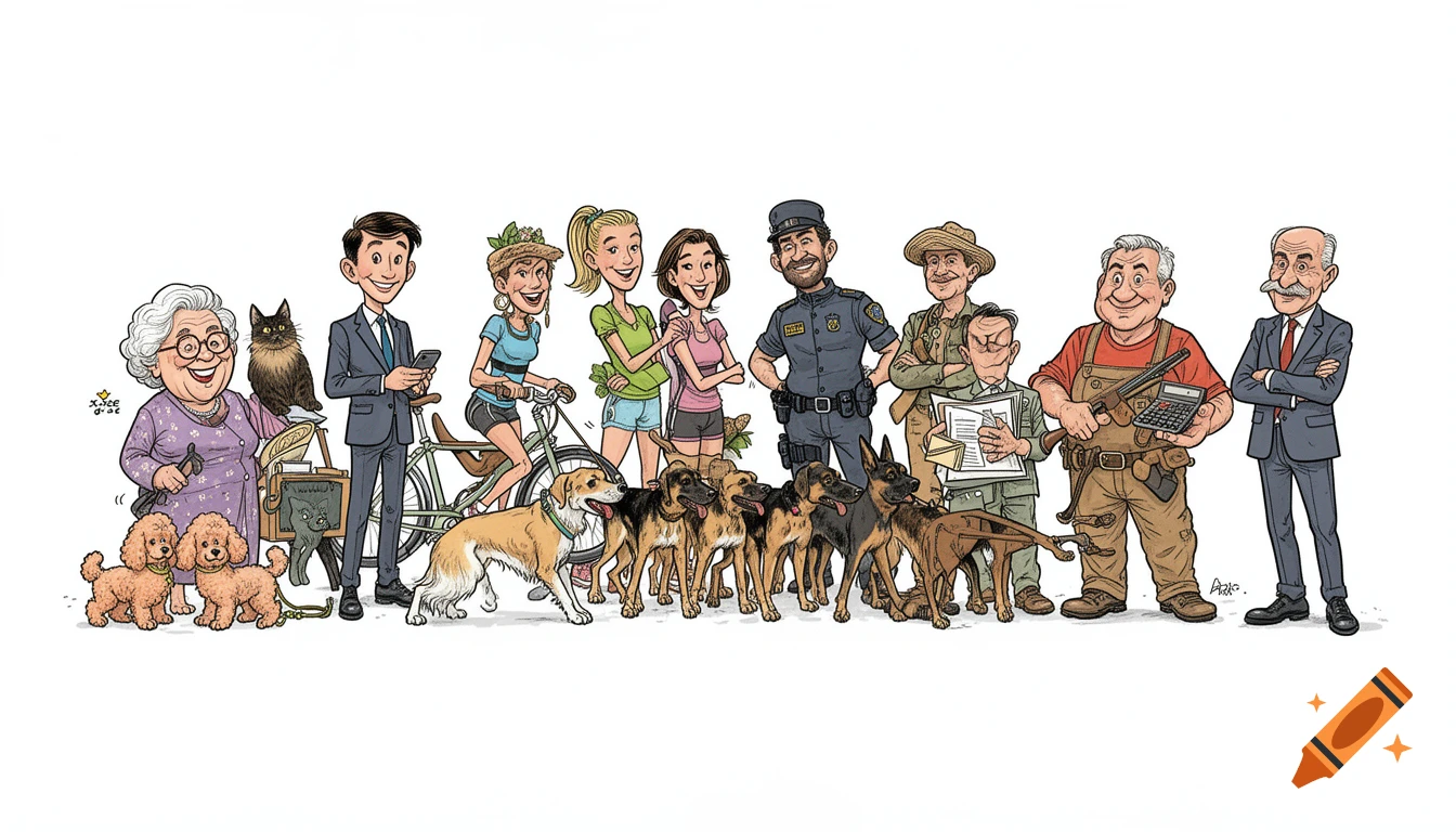 Cartoon group illustration featuring diverse characters like a teacher with poodles, a businessman with a cat, a couple with a bicycle and dog, a sportswoman, a police officer with a Malinois, a farmer with hunting dogs, and a banker.