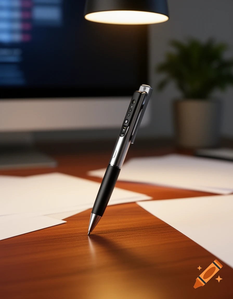 A sleek, modern pen stands upright on a wooden desk amidst scattered papers, with a blurred computer screen and plant in the background.