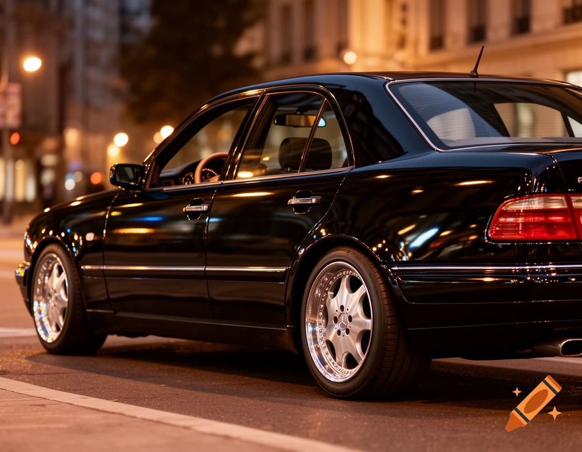 A shiny black Mercedes Benz sedan parked on a city street at night, illuminated by streetlights and reflections.